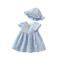 Girl Dresses Summer Lovely Baby Children Short Sleeve Flower Pattern Sweet Princess Dress Hat