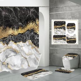 4Pcs Shower Curtain Set with 12 Hooks Marble Shower Curtain Rugs U-shaped Carpet and Toilet Lid Cover for Bathroom Decor 240131