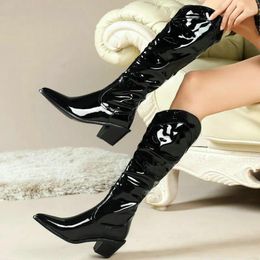 Boots Patent PU Leather Women Western Square Toe Pointed Ladies Knee High Pleated Slip On Women's Plus Size 43