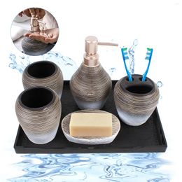 Bath Accessory Set 5Pcs Textured Ceramic Bathroom Includes Soap Dish Lotion Dispenser Toothbrush Holder Gargle Cup Tray