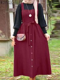 Ethnic Clothing ZANZEA Women Muslim Maxi Dress Solid Square Collar Sleeveless Pockets Dubai Abaya Robe Casual Elegant Party Holiday Vestidos