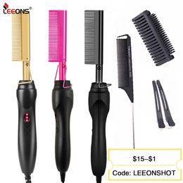 Leeons Black Comb Hair Straightener Flat Iron Electric Heating Comb Wet And Dry Hair Curler Straight Styler Curling Iron 240131