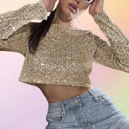 Women's Blouses Women Sequin Top Shiny Crop For O Neck Long Sleeves Soft Pullover Stage Show Performance Club Party
