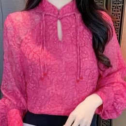 Women's Blouses Stylish Buckle Stand Up Collar Rose Red Floral Embroidery Sweet Shirts For Chinese Style Autumn Outfit Top