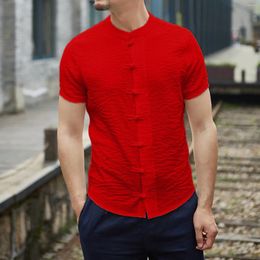 Men's Casual Shirts Red Linen Blouses Chinese Style Clothing Tang Suit Tops Short Sleeve Henley Vintage Shirt For Men Tees
