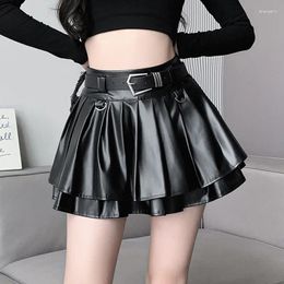 Skirts Cool Silver PU Leather Mini Skirt Women Belt High Waist Pleated With Shorts Streetwear Y2K Femme