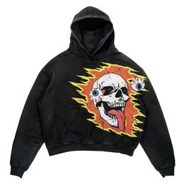 Skull print retro hoodie women high street trend gothic sweatshirt Y2K sweater ins loose couple street hooded sweatshirt man 240126