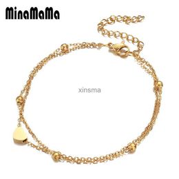 Anklets Hot Sell Stainless Steel Thin Bead Chain Heart Anklet For Women Double Layer Foot Anklet Sandals Bohemian Beach Leg Jewelry YQ240208