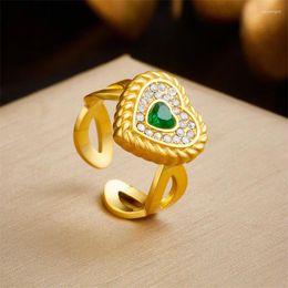 Wedding Rings Gold Colour Crystal Green Heart Waterdrop Cubic Zircon Open Ring For Women Girls Fashion Jewellery Adjustable Gift