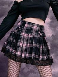 Skirts Lace Up Grunge Lolita Print Korean Style Kpop Punk Party 2024 Y2K Pink Black Harajuku Kawaii Plaid Pleated Skirt
