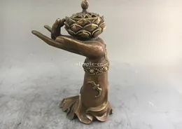 Decorative Figurines 9'' Copper Carved Buddha Hand Bat Lotus Incense Burner Censer Statue