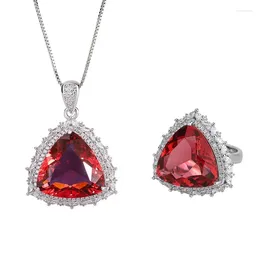 Necklace Earrings Set SoJewelry Europe And America Simulation Ruby Triangle Luxury Inlaid Ring Pendant Main Stone 17