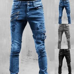 Men's Jeans Retro Moto Biker Straight Elastic Men Zipper Hole Streetwear Punk Skinny Denim Cargo Pants Pantalones Hombre Clothing