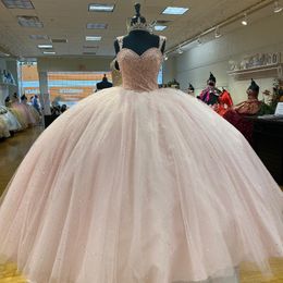 Light Pink Sweet 16 Quinceanera Dress Off Shoulder Beads Crystal Tull Ball Gown Princess Party Birthday Dress Vestidos 15 De