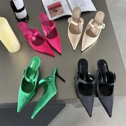 Dress Shoes Luxury Designer Satin Button Pointed Toe Mules Pumps Women Slipper Sexy Shallow Thin High Heels Ladies Summer Loafers