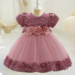Toddler Baby Sequin Sukienki imprezowe Chrzty ślub 1 rok Bow Bow Sukienka dla dziewcząt koronkowa suknia Bridemaid Vestidos 240131