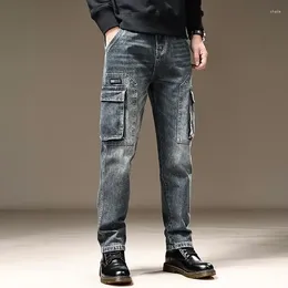 Men's Jeans Trousers Spliced With Pockets For Men Straight Male Cowboy Pants Cargo Summer Plus Size Stylish Cotton Denim