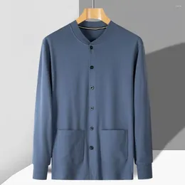 Men's Casual Shirts Fall Spring Men Top Stand Collar Long Sleeve Solid Colour Button Single-breasted Soft Breathable Cotton Pockets Cardigan