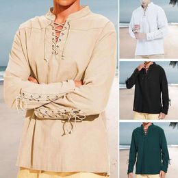 Men's Casual Shirts Men Retro Shirt Bandage Cuffs Vintage-inspired Lace-up Stand Collar With Loose Fit For