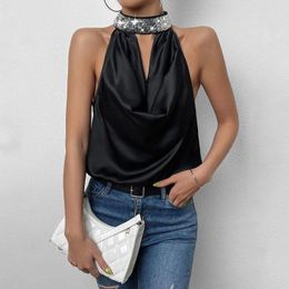 Camisoles & Tanks Women Black Hanging Neck Hollow Sexy Temperament Sequins Loose Summer Sleeveless Shirts For Camisole High 311 Top