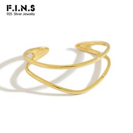 F.I.N.S 100% 925 Sterling Silver Bracelets Bangles Double Layered Lines Open Gold Ladies Bangle Charm Bracelet Fashion Jewellery 240123