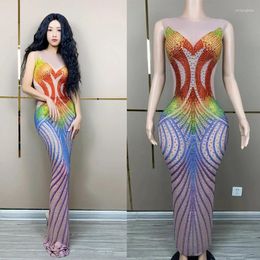 Stage Wear Colourful Rhinestones Evening Dress Women Singer Party Prom Dresses Birthday Celebrate Outfit Catwalk Costume XS7417