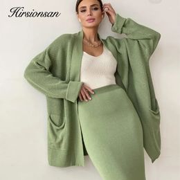 Hirsionsan Soft Vintage Lace Up Women Suits 2 Pieces Female Sets with Belt V Neck Cardigan Midi Dress Ladies Knitted TrackSuit 240202