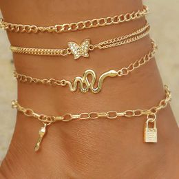 Anklets Bohemia Gold Colour Snake Ankle Bracelet Set For Women Butterfly Key Lock Charm Anklet Chain On Leg Boho Jewellery Gift YQ240208