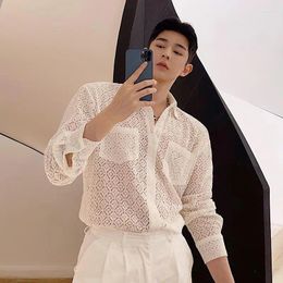 Men's Casual Shirts Spring Summer Niche Translucent Lace Long-sleeved Shirt Personalized Hollow Mesh Thin Sun Protection Male Clothes