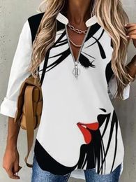 Women's Blouses White Tops 2024 Summer Fall Fashion Zipper Face Print Casual Woman Long Sleeve Office Shirts Female Clothing