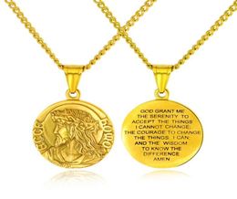 Serenity Prayer Necklace Stainless Steel Virgin Mary/Jesus Christ Medal Pendant Necklace with 24" Chain For Men Women3804083