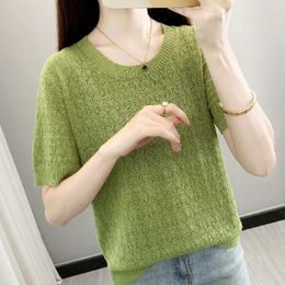 Women's Blouses 2024 Summer Ice Silk Shirt Women Casual Knitted Blouse Short Sleeve Loose Hollow Out Lace Tops Elegant Clothing 26761
