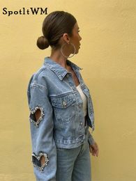 Fashionable sequin heart-shaped denim jacket for womens retro lapel long sleeved single chest jacket 2024 new womens clothing 240208