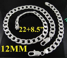 Fashion Men039s Jewellery set 925 Silver 12MM Curb Chain Flat Necklace Bracelet set 2285inch 10sets4070690