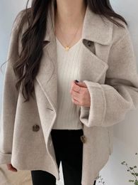 Faux Woolen Coat Women Autumn Winter Lapel Jacket Female Korean Fashion Double Breasted Outerwear Ladies Casual Loose Chic 240124