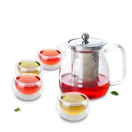 Teaware Sets 1x 5in1 Coffee Tea Set-575ml Glass Flower Teapot W/ Stainless Steel Infuser Philtre 4x Double Wall Layer Kungfu Cup