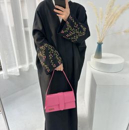 Ethnic Clothing Cotton Linen Kimono Abaya Floral Embroidery Sleeve Muslim Open Abayas For Women Dubai Luxury Turkey Islamic Kaftan Robe