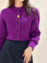Women's Knits Women Knit Short Sweater Purple Or Black Single Breasted O-neck 2024 Fashion Ladies Knitted Cardigan Jacket Autumn Winter
