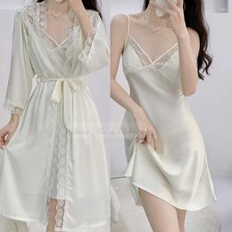 Women's Sleepwear Two-Pieces Sleep Set Summer Female Kimono Robe Gown Sexy Lace Suspender Nightdress Casual Bathrobe Satin Home Wear