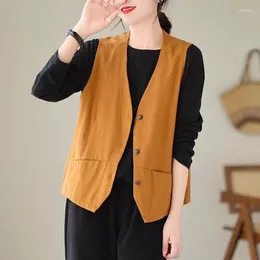 Women's Vests Retro Art All Cotton Vest For Women V-Neck Sleeveless Thin And Versatile Casual Waistcoat Short Jacket Z4736