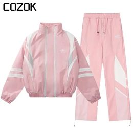 Letters Embroidered Sports Suit Loose Jacket Men Stripe Design Two Piece Set Spring WomenS Tracksuit Casual Sportswear 240122