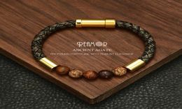 REAMOR 2019 Men Black Braided Leather Bracelets Natural Stone Bracelet Gold 316L Stainless steel Embedded Clasp Bangle Jewelry CX28346977