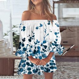 Casual Dresses Women Off Shoulder Sundress Loose Floral Print Boho Dress Bell Sleeve Blouse Mini With Mid Long