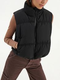 Women s Winter Padded Down Vest Zip Up Stand Collar Cropped Puffer Gilet Jacket Sleeveless Padded Crop Puffy Vests 240202