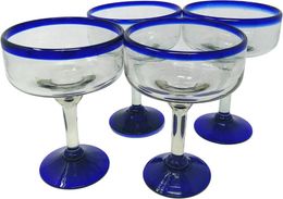 Plates Hand Blown Glass - Set Of 4 Margarita Glasses Cobalt Blue Rim (16 Oz)