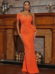 Casual Dresses Missord Shining Sequin For Women One Shoulder Ruffle Wrap Mermaid Hem Prom Dress Orange Rosegold Cocktail Party