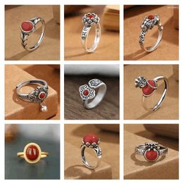 Cluster Rings Ethnic Style Imitation South Red Agate Adjustable Ring Women Vintage Thai Silver Colour Good Luck Gathering Money Party Jewellery