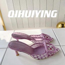 Slippers QIHUIYING Handmade Kid Suede Pointed-Toe Kitten Heel Woman Square-Button Slides Plus Size 42 High Heels 2024 Flip-Flops