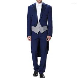 Men's Suits Latest Royal Blue Wedding Man Tail Coat Three Piece Double Breasted Peaked Lapel Groom Wear Grey Vest Jacket Pants Prom Men Suit