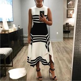 Casual Dresses Ladies Summer Black And White Striped Irregular A-line Dress Sleeveless Round Neck Mid-length 2024